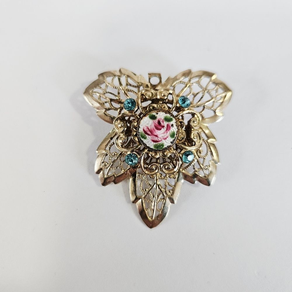 Vintage Guilloche Floral Enamel Blue Rhinestone Leaf Shape Filigree Brooch Pin